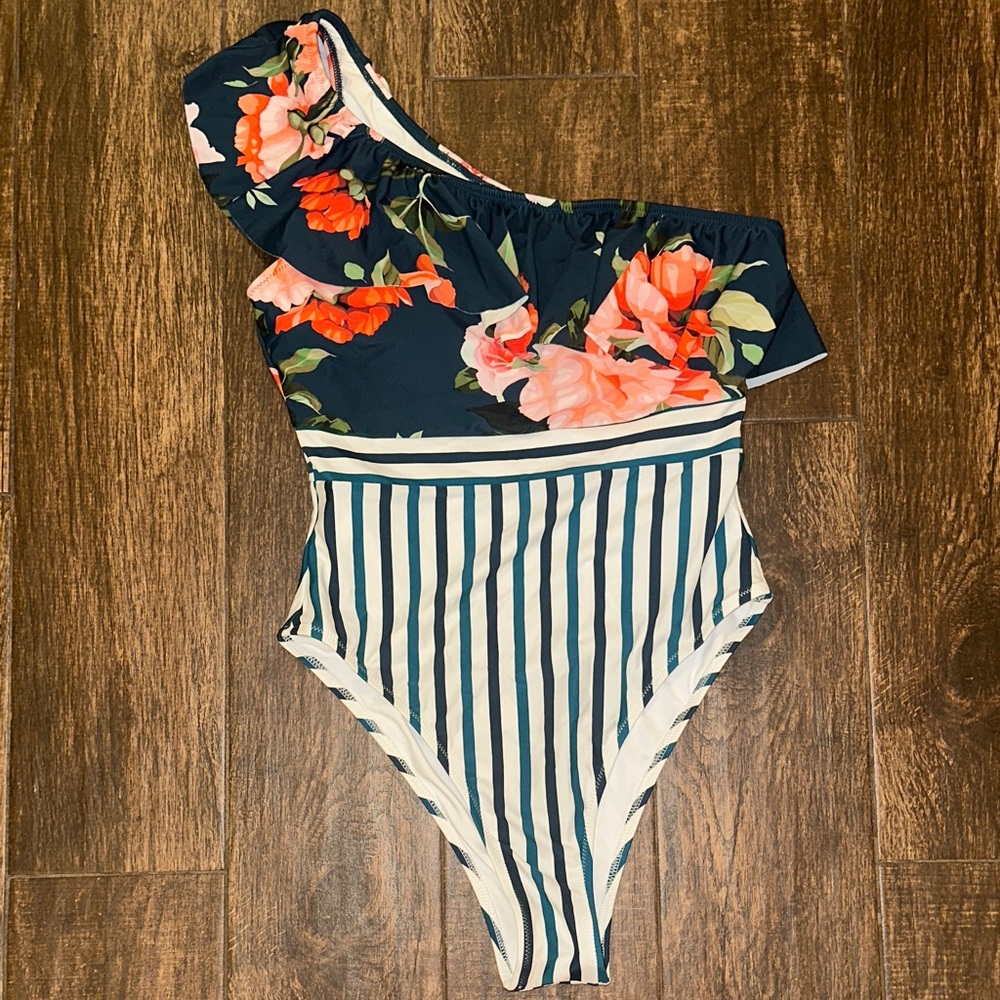 Floral & Stripe One Piece Swimsuit Large Dark Teal Ruffle Shoulder